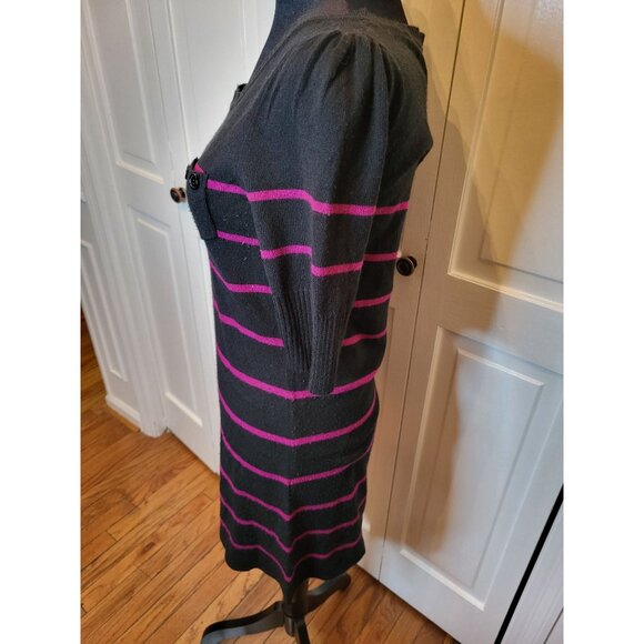 Y2K Black/Fuchsia Pink Striped Mini Fitted Sweater Dress Buttons L 2000s Preppy - Picture 7 of 8